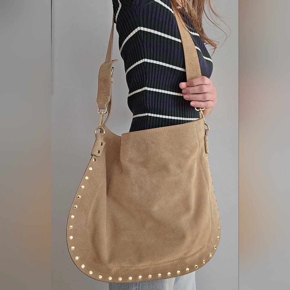 Anna Paola Tan Suede Shoulder Bag with Gold Studs